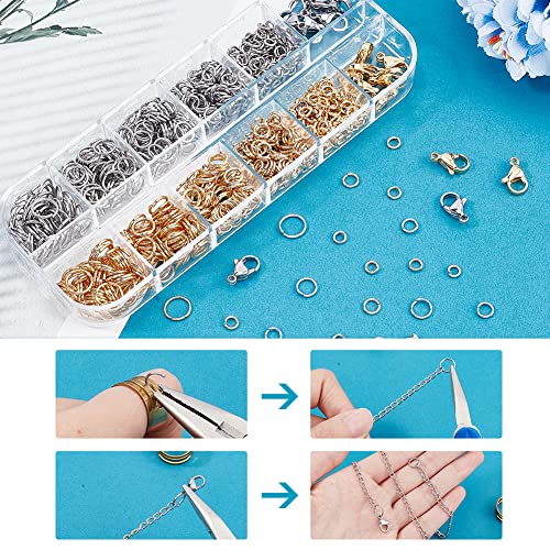 PH PandaHall 720Pcs 304 Stainless Steel Jump Rings with 4mm 20 Pcs Lobster Claw Clasps, 5/6/7/8mm Open Jump Rings Jewelry Clasps Jewelry Findings for Making Necklace Repair, Silver/Gold
