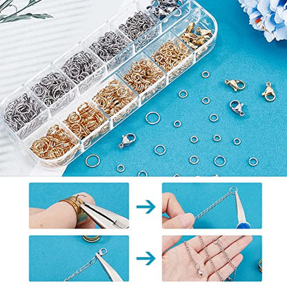 PH PandaHall 720Pcs 304 Stainless Steel Jump Rings with 4mm 20 Pcs Lobster Claw Clasps, 5/6/7/8mm Open Jump Rings Jewelry Clasps Jewelry Findings for Making Necklace Repair, Silver/Gold