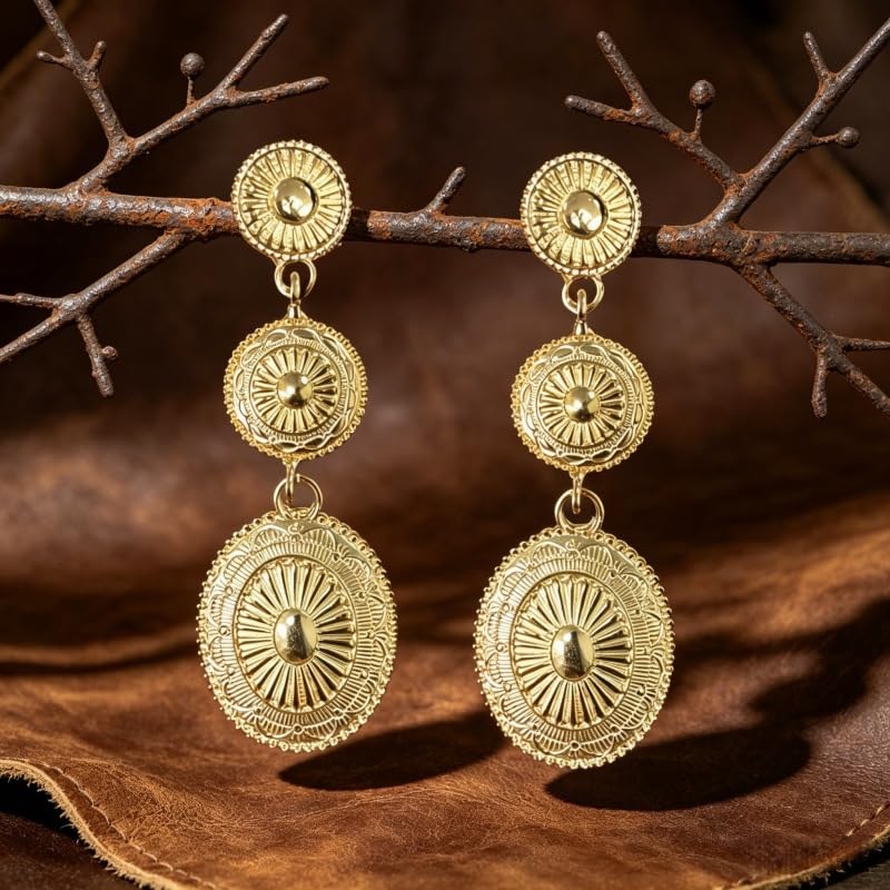 Boho Western Earrings for Women Western Feather Earrings Vintage Concho Turquoise Teardrop Dangle Earrings Country Concert Jewelry Accessories - style: Gold Oval Dangle