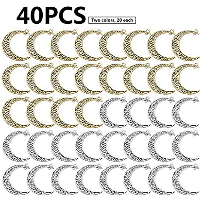 40pcs Hollow Moon Charms Crescent Moon Pendants Celestial Charms Crafts Supplies for DIY Bracelet Necklace Jewelry Making Accessory - color: Silver/Gold