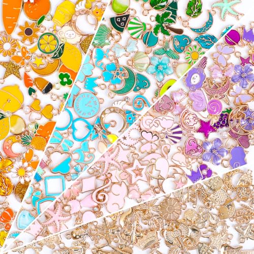 SANNIX 200Pcs Charms for Jewelry Making Bracelet Necklace Earring | Includes 150 Orange Yellow Blue Green Pink Purple, Enamel Charm, 50 KC Gold Charm, Jewelry Charms for Bag Purse Charms Making - color: Multicolored