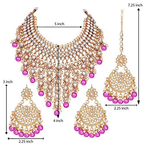 Aheli Elegant Indian Wedding Wear Faux Kundan Studded Choker Necklace with Maang Tikka Set Ethnic Fashion Jewelry for Women Maroon Kundan & Pearl Drop - color: Rani Pink