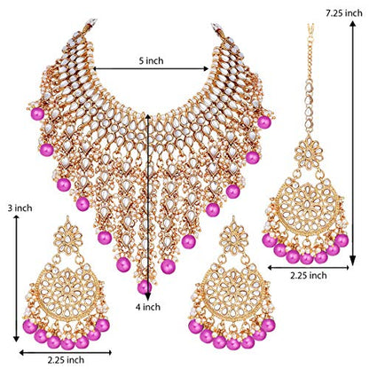 Aheli Elegant Indian Wedding Wear Faux Kundan Studded Choker Necklace with Maang Tikka Set Ethnic Fashion Jewelry for Women Maroon Kundan & Pearl Drop - color: Rani Pink