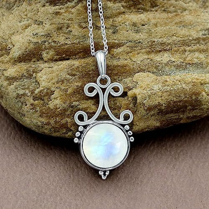 Natural Round Gemstone Pendant Necklace for Women, 925 Sterling Silver | Solitaire Birthstone Jewelry With 18 Inch Chain, Handmade Semi Precious Stone Pendant, Jewelry Gift for Mom, Wife & Sister - color: Moonstone