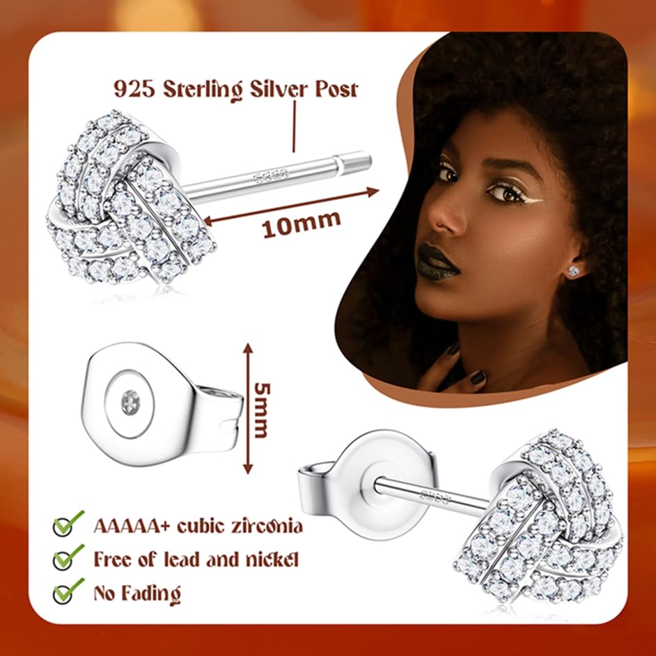 SAILIMUE Hypoallergenic Sterling Silver Stud Earrings for Women Men | Brilliant Heart Knot Round Cubic Zirconia Earring Studs for Sensitive Ears Gold Silver Tone - color: silver-C