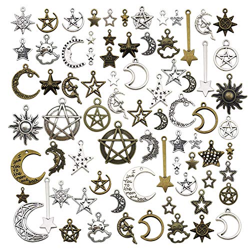100g(About 76pcs) Craft Supplies Small Antique Bronze Silver Sun Moon Star Charms Pendants for Jewelry Making Findings Crafting Accessory for DIY Necklace Bracelet (M206) - color: Sun Star Moon