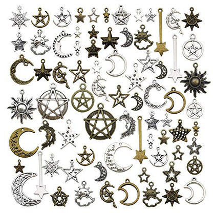 100g(About 76pcs) Craft Supplies Small Antique Bronze Silver Sun Moon Star Charms Pendants for Jewelry Making Findings Crafting Accessory for DIY Necklace Bracelet (M206) - color: Sun Star Moon