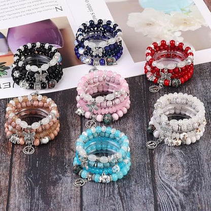 Bohemian Glass Beaded Wrap Bracelets Multi-Layer Stackable Hand Jewelry Set - color: dark blue