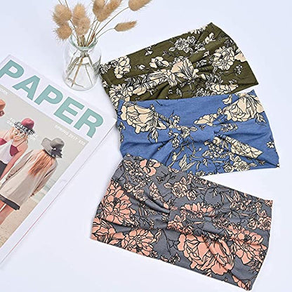 Yeshan Boho Bandeau headbands for Women Wide Bandana Knot Hair Scarf Floral Printed African Hair Bands Elastic Turban Thick Head Wraps Stretch Cotton Head Bands,Pack of 6 - color: No1(flower 6 pcs)