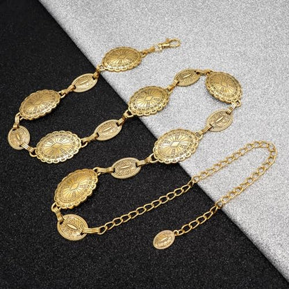 Women's Concho Chain Belt Western Cowgirl Metal Waist Chain | Belt for Dress - color: C Gold, size: M: 47.2 in