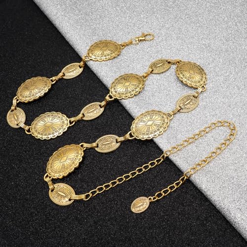 Women's Concho Chain Belt Western Cowgirl Metal Waist Chain | Belt for Dress - color: C Gold, size: XL: 59 in
