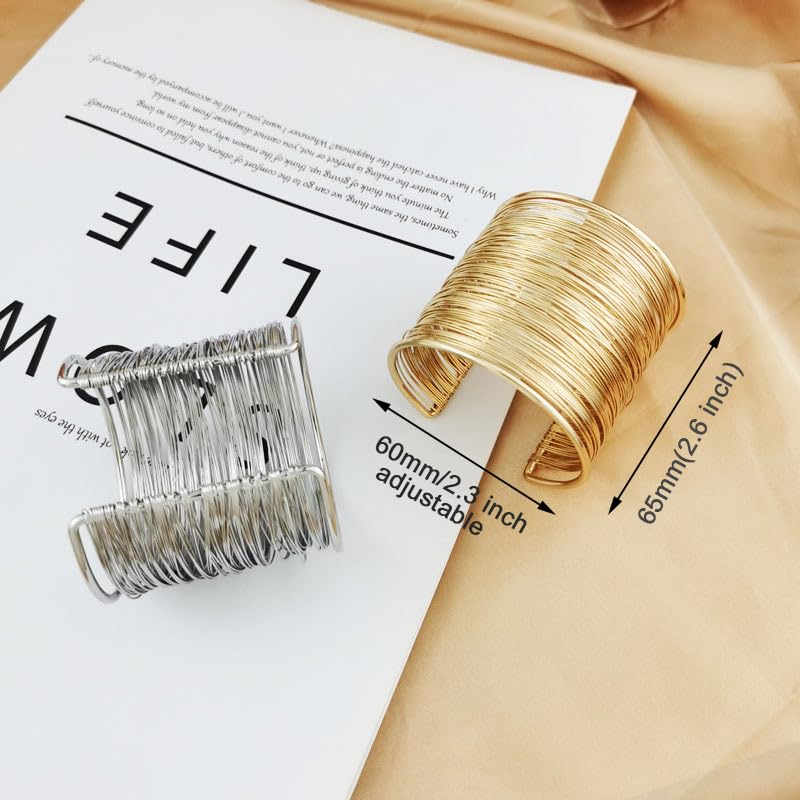 2Pcs Cuff Bangle Bracelet for Women Open Wide Wire Bracelets Gold Wrist Cuff Wrap Bracelet Adjustable - color: Gold4