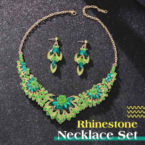 Yonamix Gold Jewelry Set Wedding Rhinestone Necklace Sets for Women | Formal Prom Dinner Party Gala Night Crystal Flower Necklaces Earrings - color: C Green