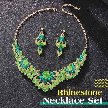 Yonamix Gold Jewelry Set Wedding Rhinestone Necklace Sets for Women | Formal Prom Dinner Party Gala Night Crystal Flower Necklaces Earrings - color: C Green
