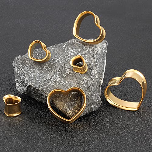Casvort 4 PCS 8mm-25mm Hypoallergenic 316 Stainless Steel Cute Heart Double Flared Ear Gauges Plugs Ear Tunnels Saddle Plugs Body Piercing Jewelry - color: Gold, size: 9/16'' (14mm)