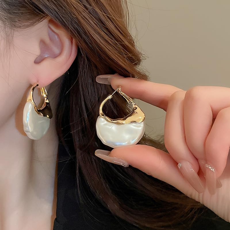 Elegant Geometric Drop Dangle Earrings For Women Irregular Faux Pearl Gold Hoop Earrings Unique Large Statement Pearl Earrings Trendy Jewelry Gifts