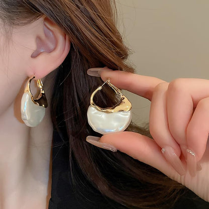 Elegant Geometric Drop Dangle Earrings For Women Irregular Faux Pearl Gold Hoop Earrings Unique Large Statement Pearl Earrings Trendy Jewelry Gifts