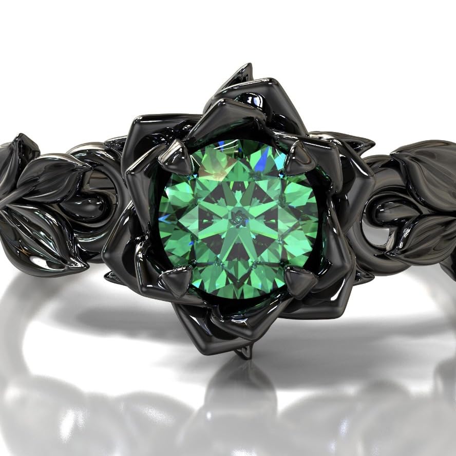 Cubic Zirconia Rings For Women, Gothic Ring Black Flower Crystal Stackable Trendy Floral Eternity Travel Engagement Statement Wedding Birthday Jewelry Gift - color: Goth Black Green