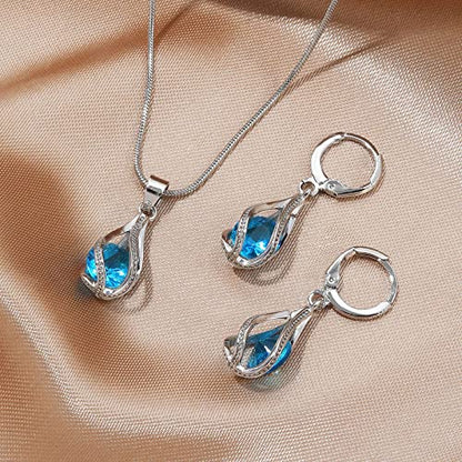 IFKM Silver Jewelry Sets for Women Rhinestone Crystal CZ Bridal Bridesmaid Accessories Necklace Earrings set for Wedding Prom Anniversary Birthday Gifts - color: Cambridge Blue