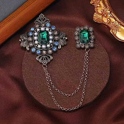 Retro 14k Gold Plated Chain Green Crystal Brooches Collar Pins Crystal Rhinestone With Hanging Chain Suit Shirt Lapel Brooch Pin Fashion Jewelry for Men Boy (Green Rectangle)