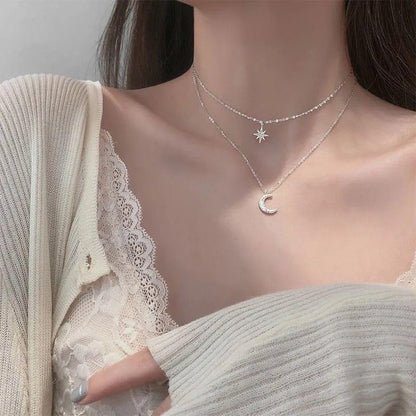 Silver Layered Star Moon Choker Necklaces for Women, Funky Rhinestone Moon Necklace Stars Choker Stacked Necklaces Jewelry