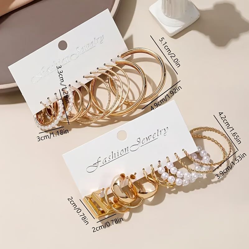 14K Gold Plated Geometric Hoop Earrings for Women Chunky Hypoallergenic Thick Lightweight Jewelry - color: Gold-12 Pairs