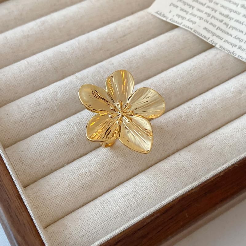 Gold Flower Ring for Women Trendy Silver Flower Statement Ring Adjustable Minimalist Rings Jewelry - color: Gold, style: Flower A
