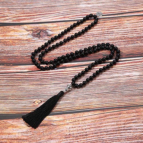 108 Mala Beads Necklace Semi-Precious Gem Stones Meditation Necklace 108 Hand Knotted Japa Mala Beaded Tassel Necklace with Tree of Life Pendant - color: Natural Black Agate