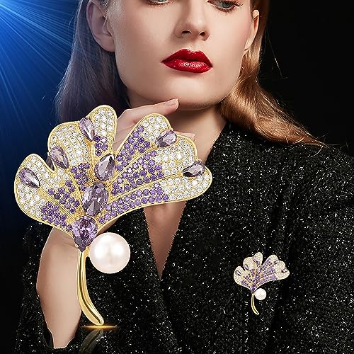 Brooches and Pins for Women Elegant Flower Pearl Brooches Costume Broches Jewelry Lady Christmas Pin for Women - style: Purple Ginkgo Leaf