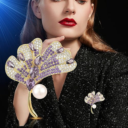 Brooches and Pins for Women Elegant Flower Pearl Brooches Costume Broches Jewelry Lady Christmas Pin for Women - style: Purple Ginkgo Leaf
