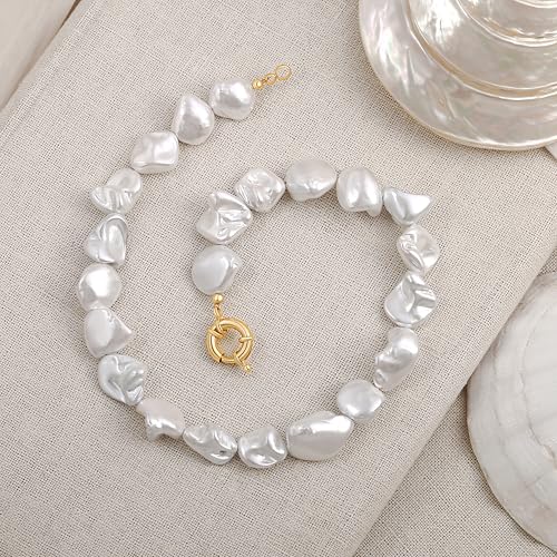 Aobei Pearl Gemstone Beaded Choker Necklace for Women Boho Turquoise/Cultured Freshwater Pearls/Garnet/Amazonite Jewelry - color: R White Shell Pearl