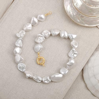 Aobei Pearl Gemstone Beaded Choker Necklace for Women Boho Turquoise/Cultured Freshwater Pearls/Garnet/Amazonite Jewelry - color: R White Shell Pearl