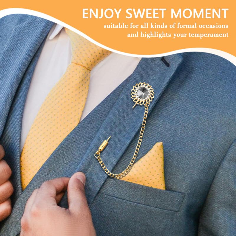 Mens Sunflower Lapel Pin Crystal Rhinestone Brooches for Men Hanging Chain Brooch Suit Pin Flower Lapel Pins for Men Wedding Business Party - color: Grey