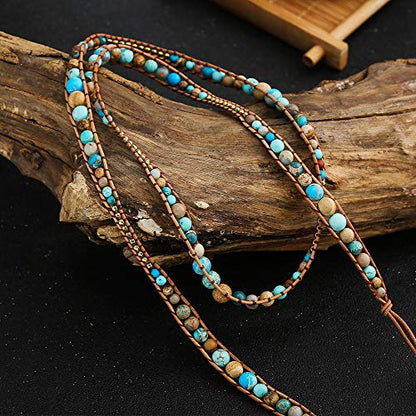 Plumiss Women Boho Handmade Natural Stone Crystal Leather Bead Wrap Bracelets Collection - style: Turquoie Jasper 5W