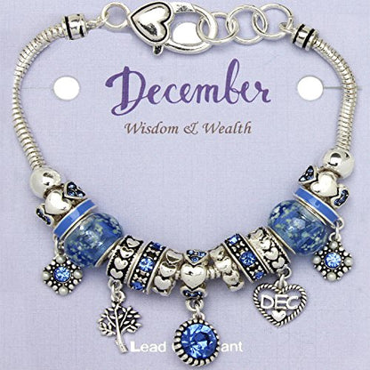 Falari Birthstone Bracelet Multi-Color Charm Beads Silvertone Birthday Gifts for Women - color: 12-December