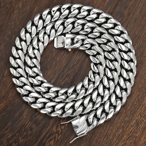 ROWIN&CO Miami Cuban Link Chain for Men 15mm Silver Stainless Steel Curb Necklace, Hip Hop Jewelry, Durable & Anti-Tarnish Mens Chain 18" 20" 22" 30" Inch, Pops Gifts For Fathers Boyfriends, Sons - size: 20 inch