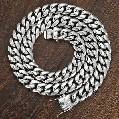 ROWIN&CO Miami Cuban Link Chain for Men 15mm Silver Stainless Steel Curb Necklace, Hip Hop Jewelry, Durable & Anti-Tarnish Mens Chain 18" 20" 22" 30" Inch, Pops Gifts For Fathers Boyfriends, Sons - size: 20 inch