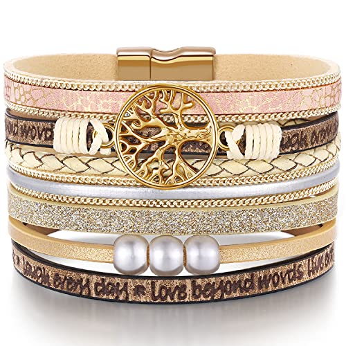 Desimtion Inspirational Tree of Life Boho Leather Wrap Bangle Bracelets for Women, Teen Girl Gifts Trendy Stuff, Fashion Accessories Jewelry Gifts for Women Girls - color: Beige-gold tree-2