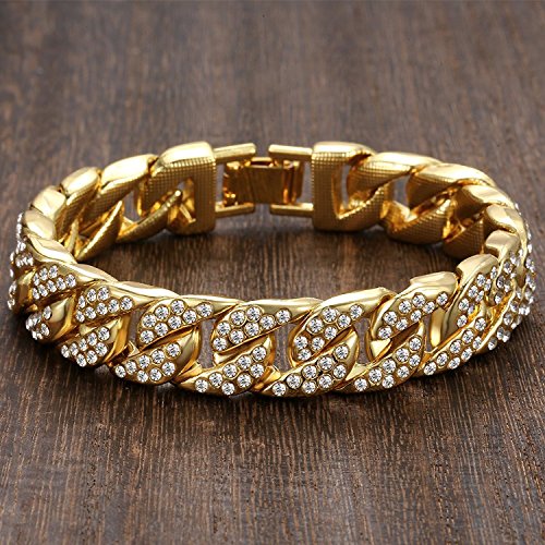 Mens Womens Cuban Link Bracelet Hip Hop Bracelet Stainless Steel Chain Bracelet Iced Out Curb Cuban 18k Gold Plated Bracelet With Clear Rhinestones - color: A-Gold-8.26in
