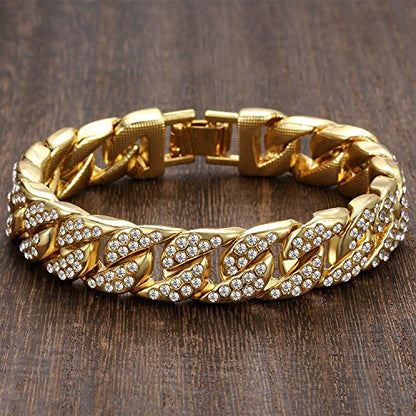 Mens Womens Cuban Link Bracelet Hip Hop Bracelet Stainless Steel Chain Bracelet Iced Out Curb Cuban 18k Gold Plated Bracelet With Clear Rhinestones - color: A-Gold-8.26in