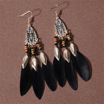Dreuyet Boho Long Feather Drop Dangle Earrings for Women Retro Bohemian Ethnic Fringe Multicolor Tassel Feather Earring Handmade Statement Dream Catcher Earrings Jewelry - color: Black Teardrop