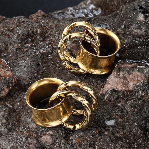 1 Pair Basic gauges+2 twisty rings Ear Tunnels Plugs 316 Stainless Steel Ear Gauges Weight Saddle Plugs Hypoallergenic expander Piercing Body Jewelry 00g 0g-1'' - color: Twisty-Gold, size: 8 mm