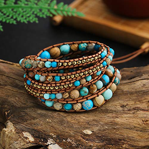 Plumiss Women Boho Handmade Natural Stone Crystal Leather Bead Wrap Bracelets Collection - style: Turquoie Jasper 5W