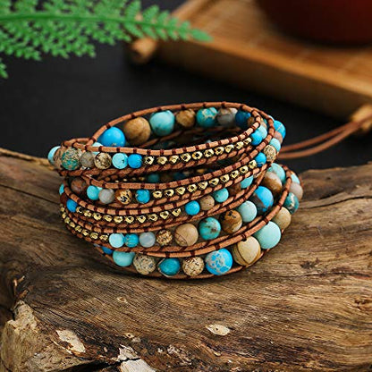 Plumiss Women Boho Handmade Natural Stone Crystal Leather Bead Wrap Bracelets Collection - style: Turquoie Jasper 5W