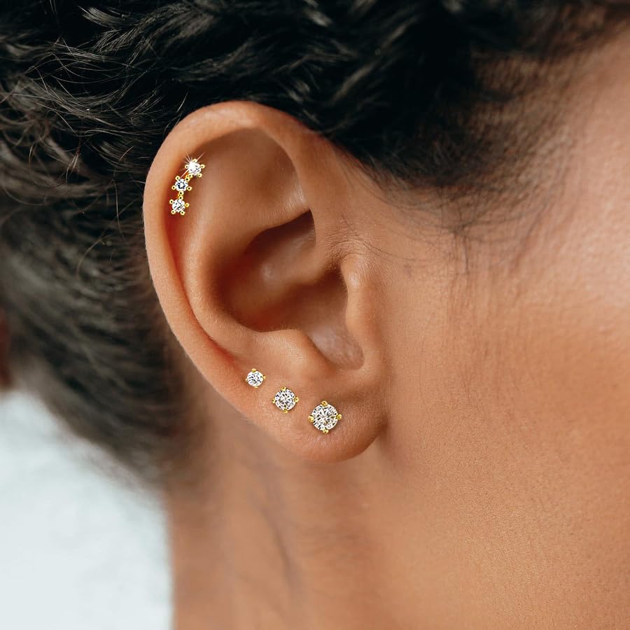 Stud Earring for Women, 14K Gold Silver Plated Hypoallergenic Studs Set | Trendy Cartilage Tragus Helix Clover Flower Earring Stack for Multiple Piercing, Dainty Cute Small Jewelry Gift, Non Tarnish - style: GD-CZ/Climbers-4 Pairs