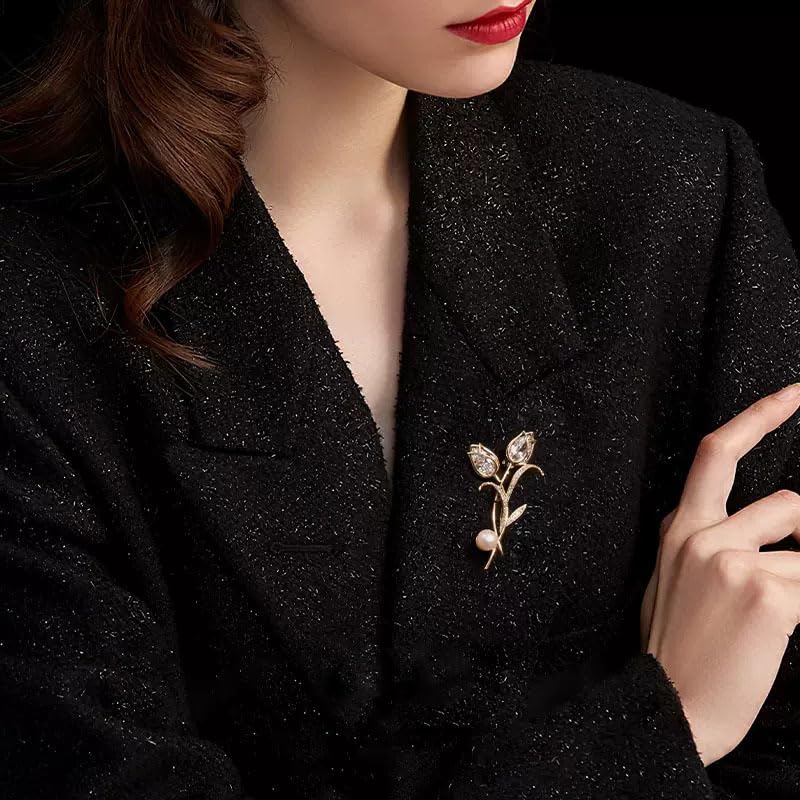Rhinestone Tulip Brooch Pin for Women Fashion Elegant Botanical Flower Vintage Brooch Lapel Pin Delicate Pink Tulip brooch Wedding Banquet Gift - style: White