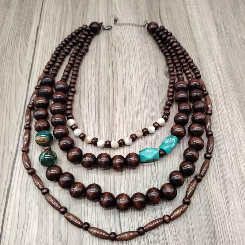 Elisheva Beaded Statement Necklace, Bohemian Layered Wood Bead and Turquoise Necklace, Chunky Coconut Shell Collar Necklace, Tribal Collar Jewelry for Women - color: wood and turquoise necklace