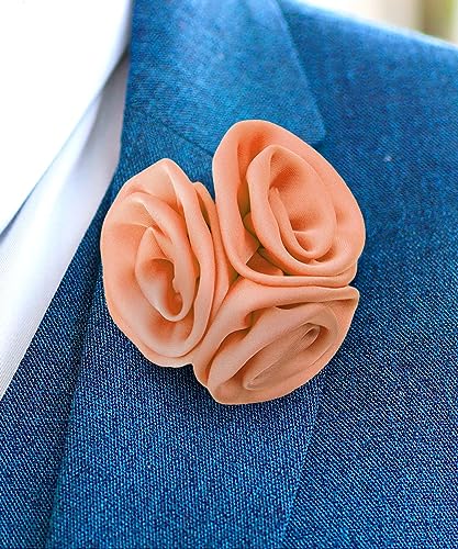 Premium Trio Cluster Flower Lapel Pin - Formal Boutonniere for Men, Flower Brooch Pin - color: Peach
