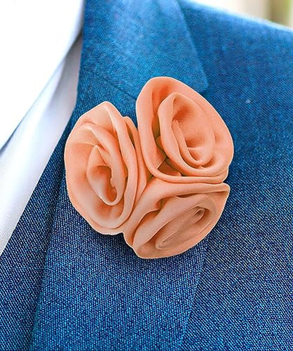 Premium Trio Cluster Flower Lapel Pin - Formal Boutonniere for Men, Flower Brooch Pin - color: Peach