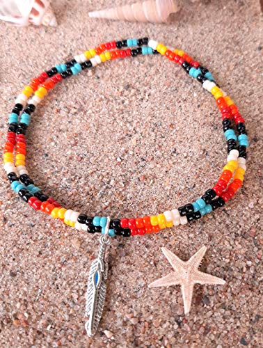 Minimalist Beaded Native American Style Stretch Charm Double Anklet with Feather Charm. 9 INCHES.